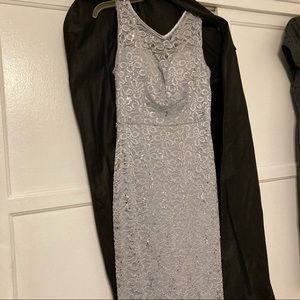Formal lace gown dress sheer top silver gray medium prom wedding